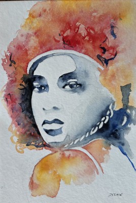 Abstrahiertes Aquarellportrait einer Frau in kontrastreichen und expressiven Farben